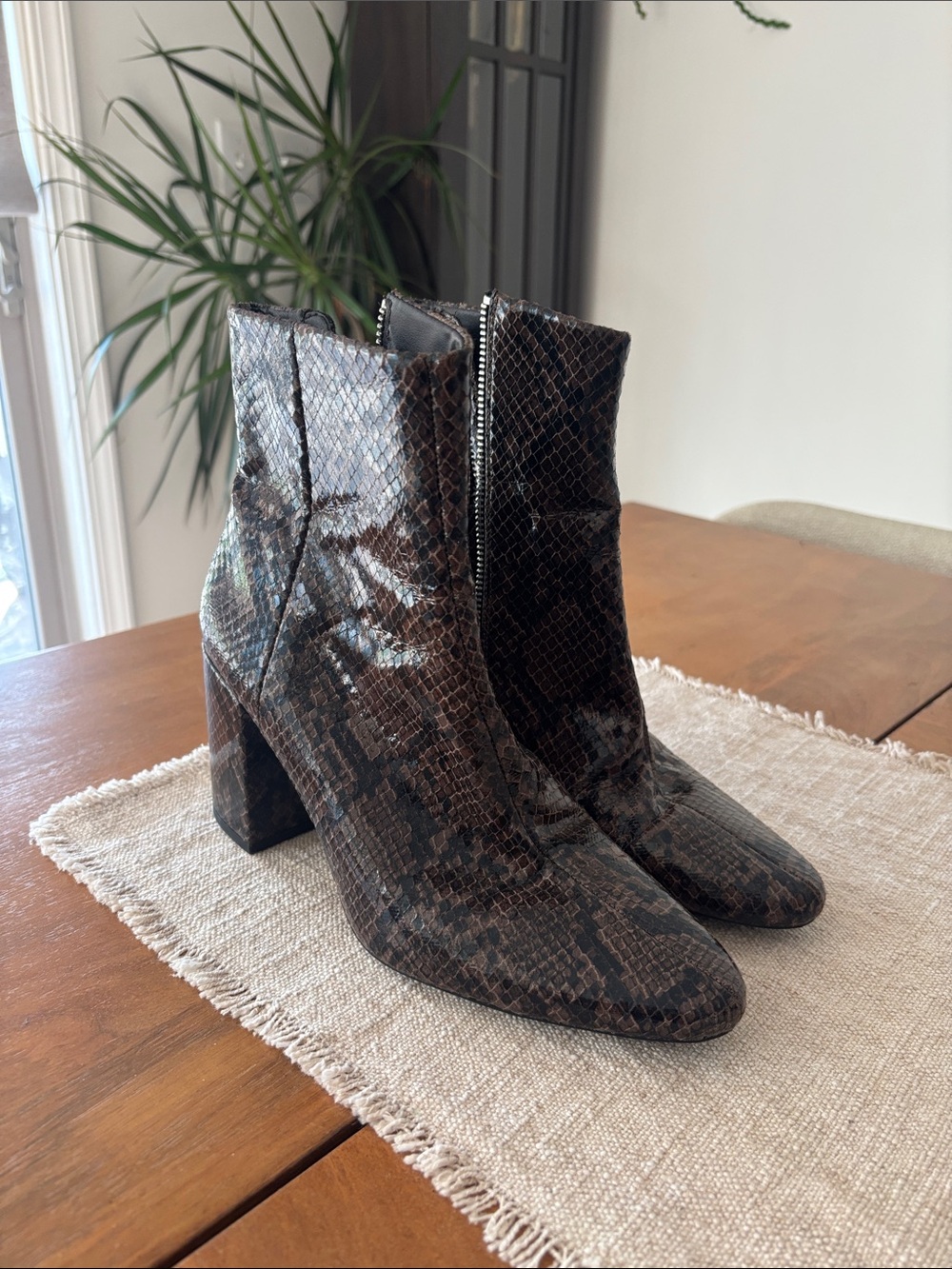 Zara Snake-Print Block Heel Ankle Boots